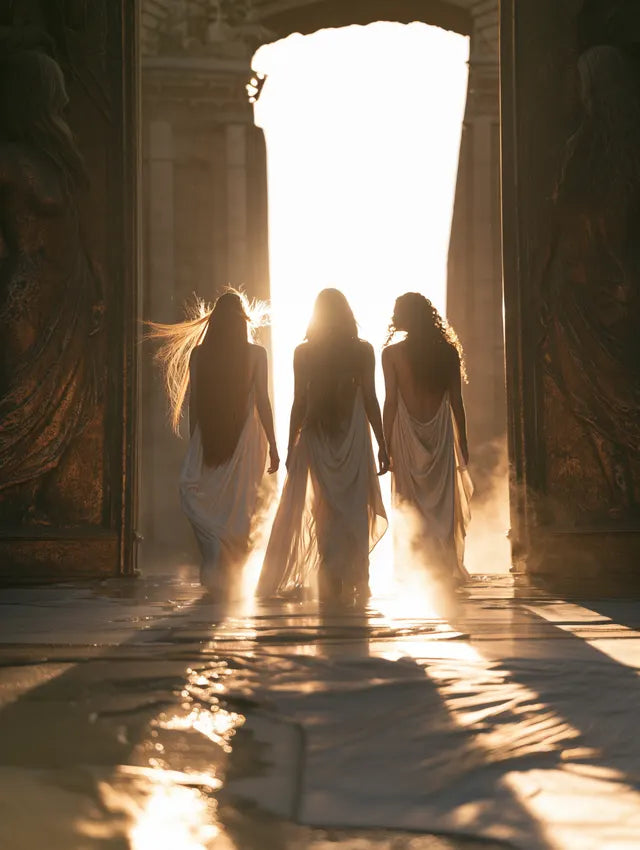 Three long-haired silhouettes passing through grand doors bathed in golden light